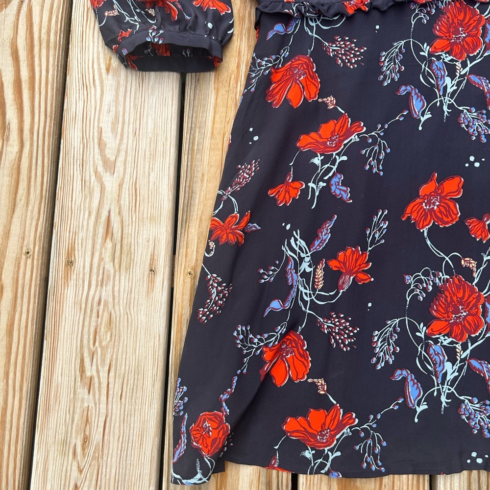 MADEWELL Silk Ruffle-Waist Dress in Windblown Poppies 3/4 sleeve mini SZ 12 EUC - Picture 7 of 15